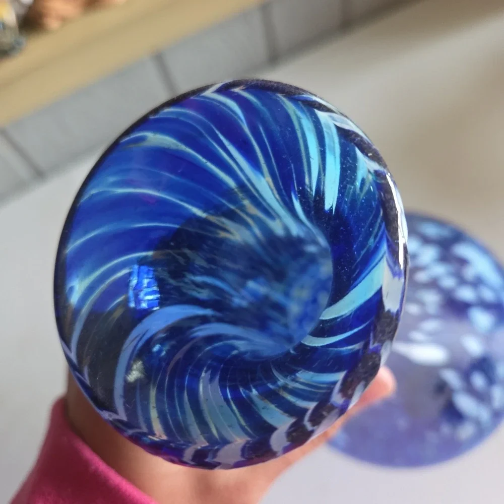 Abstract Art Glass Vase Decanter Style Hand Blown Mexico Blue White Ovals